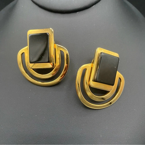 Old Money 80s Art Deco Inspired Clip On Earrings in Black and Gold Tone - Picture 1 of 7